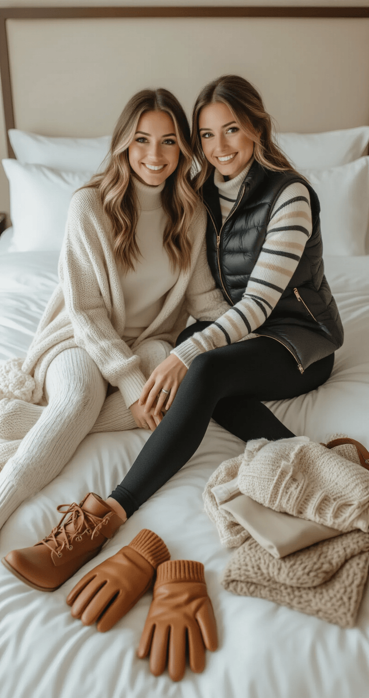 A young woman sits on a plush hotel bed in soft morning light, surrounded by neatly arranged winter travel essentials including thermal layers, a chunky knit cardigan, fleece-lined leggings, and stylish accessories, all captured from above in a bright, editorial style.
