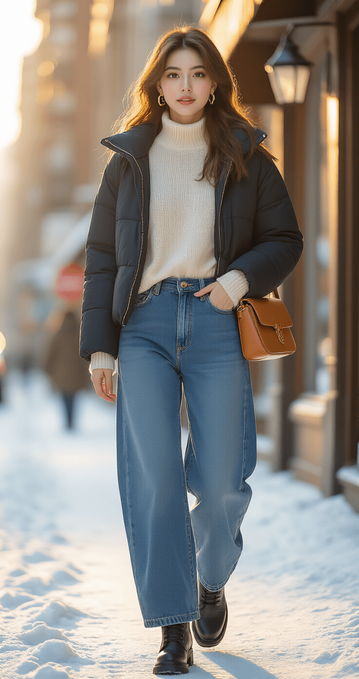 A young woman walks confidently down a snow-dusted urban sidewalk during golden hour, wearing high-waisted indigo baggy jeans, a cream cashmere sweater, and a cropped black puffer jacket. She accessorizes with a cognac leather crossbody bag and gold hoop earrings, with soft winter shadows enhancing the warm light and texture contrasts of her outfit.