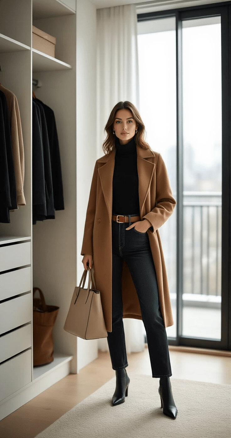 A woman in a minimalist modern apartment styles a winter outfit with dark wash jeans, a fitted black turtleneck, and a camel wool coat, illuminated by natural light from floor-to-ceiling windows. The scene features a walk-in closet, a structured beige tote, a thin brown leather belt, and gold minimalist jewelry, all set against a backdrop of white and wood interiors.