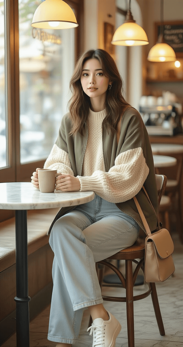 A stylish woman in a cozy coffee shop wearing light wash baggy jeans, a cream oversized cable-knit sweater, and an olive green bomber jacket, holding a ceramic coffee mug. The warm ambient lighting enhances the textures of her outfit and the inviting atmosphere.
