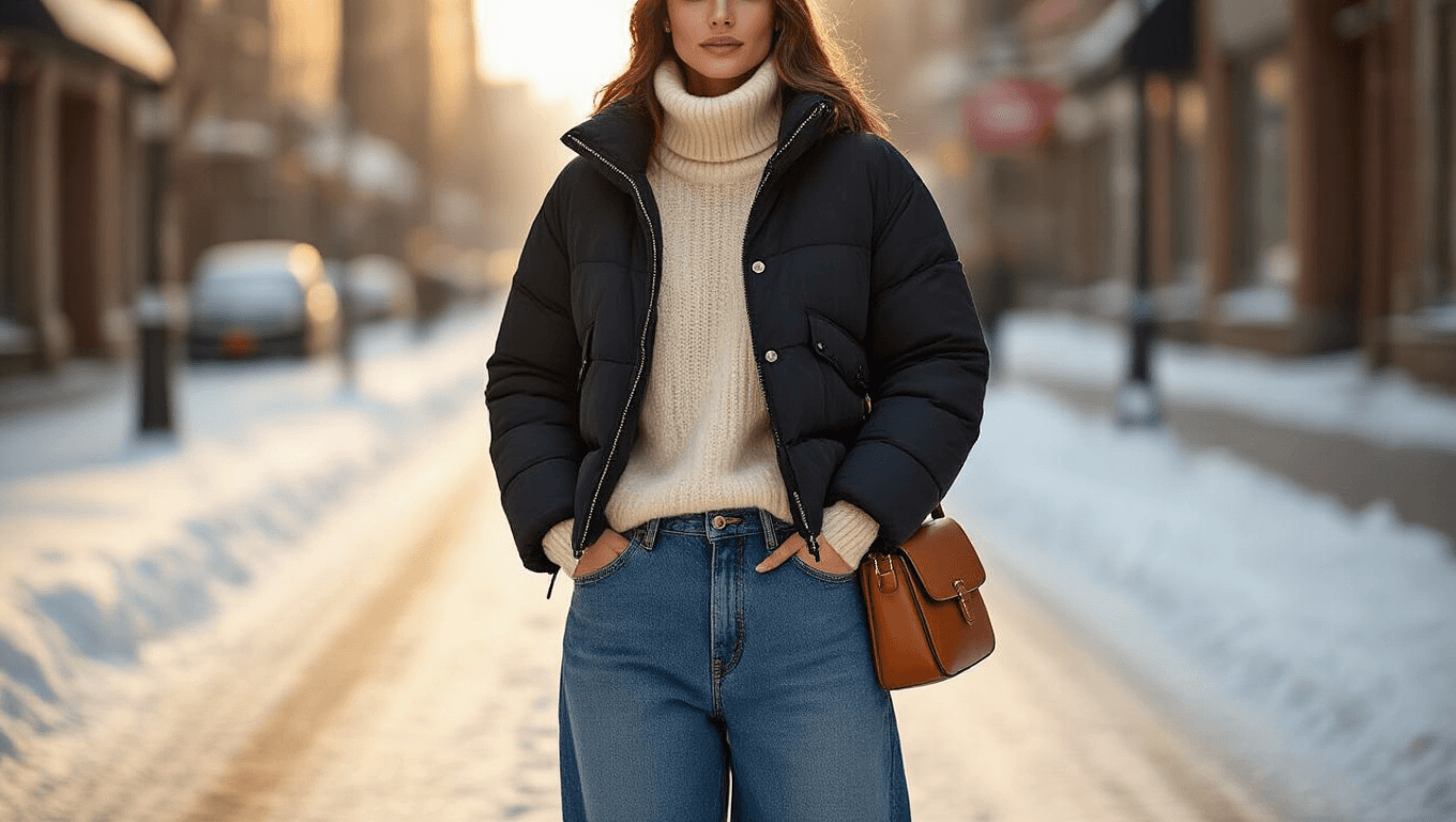 Cinematic street-style photograph of baggy indigo jeans, cream cashmere turtleneck, and black puffer jacket on snowy urban sidewalk, featuring cognac leather bag and chunky boots, with warm golden hour lighting and shallow depth of field.