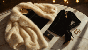 Cinematic flat lay of a luxurious winter evening outfit featuring a cream faux fur coat, black velvet mini dress, high-waisted faux leather pants, and black suede ankle boots, set against a marble surface with soft bokeh lights, warm amber tones, and sophisticated gold jewelry.