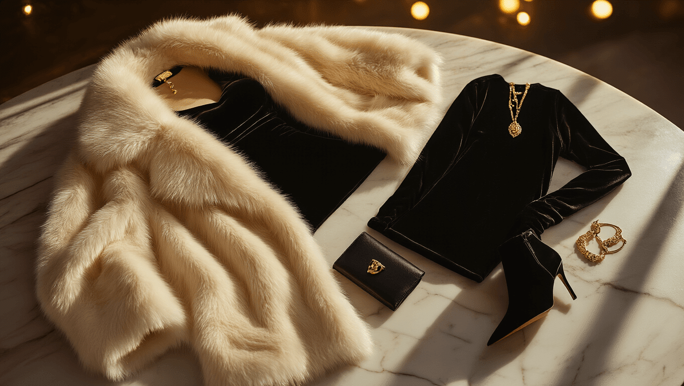 Cinematic flat lay of a luxurious winter evening outfit featuring a cream faux fur coat, black velvet mini dress, high-waisted faux leather pants, and black suede ankle boots, set against a marble surface with soft bokeh lights, warm amber tones, and sophisticated gold jewelry.