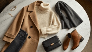 Cinematic flat lay of Parisian winter wardrobe on white marble; includes a camel wool coat, cream cashmere sweater, charcoal gray scarf, black leather bag, dark jeans, cognac boots, and delicate gold jewelry, all highlighted by warm golden hour lighting.