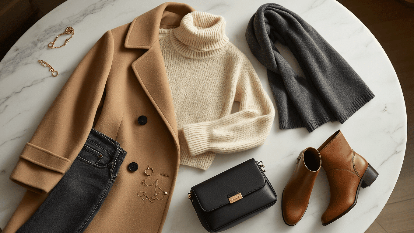 Cinematic flat lay of Parisian winter wardrobe on white marble; includes a camel wool coat, cream cashmere sweater, charcoal gray scarf, black leather bag, dark jeans, cognac boots, and delicate gold jewelry, all highlighted by warm golden hour lighting.