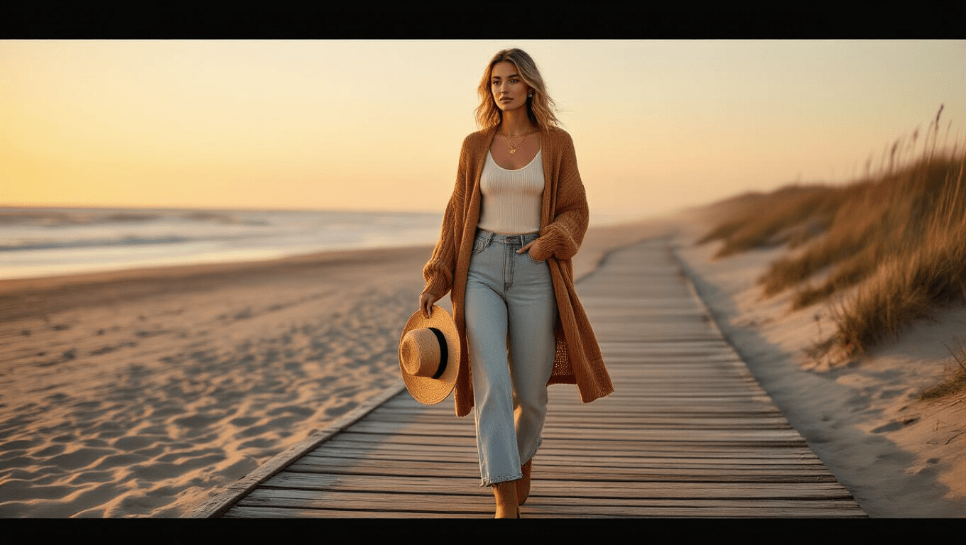 A woman in a layered winter beach outfit walks on a wooden boardwalk during golden hour, holding a woven straw hat while the soft amber light highlights her clothes and delicate jewelry, with ocean waves and sand dunes softly blurred in the background.
