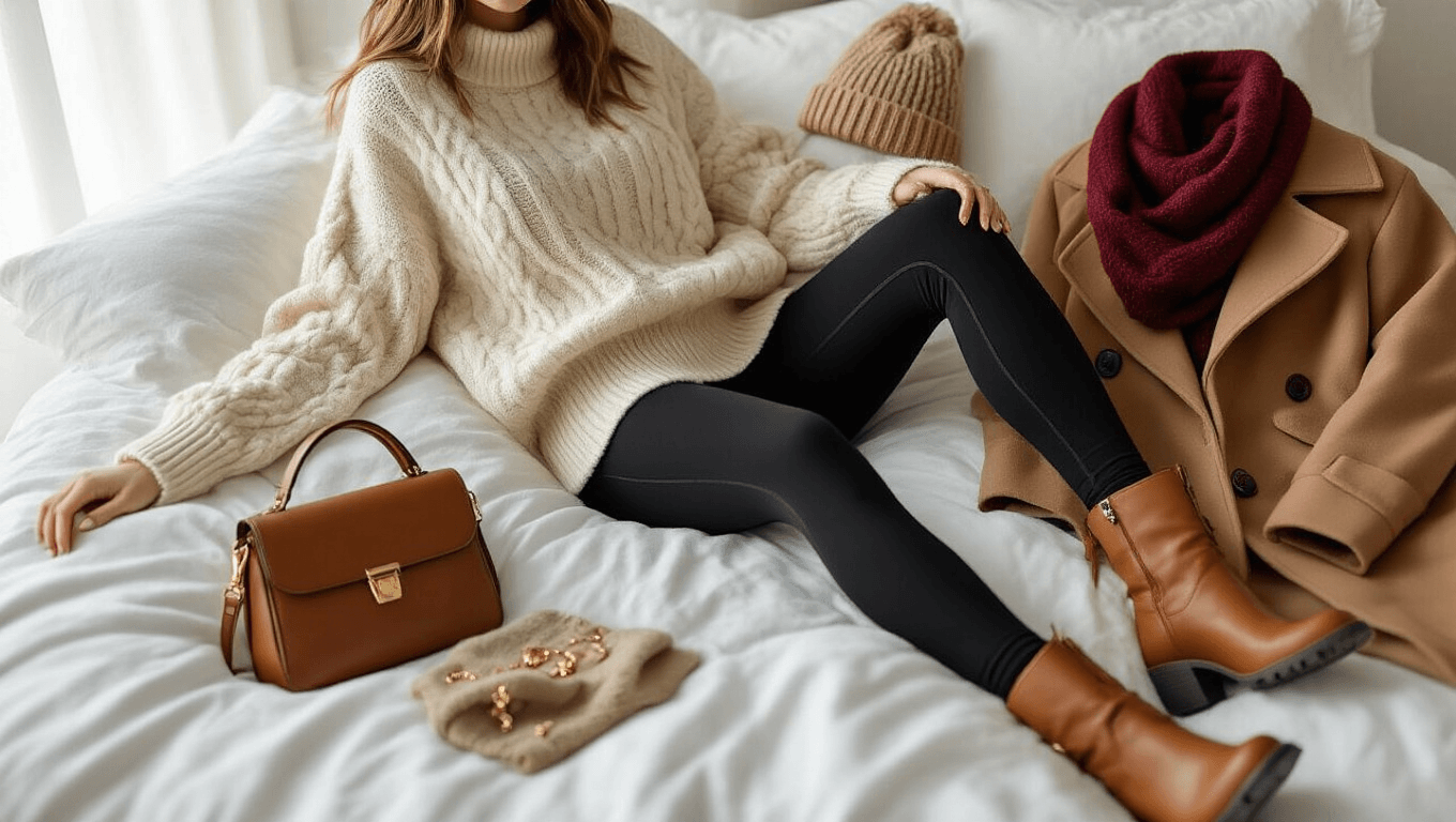Cinematic flat lay of a winter outfit on white linen bedding, featuring black fleece-lined leggings, a cream cable-knit sweater, camel wool coat, cognac leather knee-high boots, chunky knit beanie, and structured crossbody bag, accented with gold jewelry and a burgundy scarf, illuminated by soft morning light.