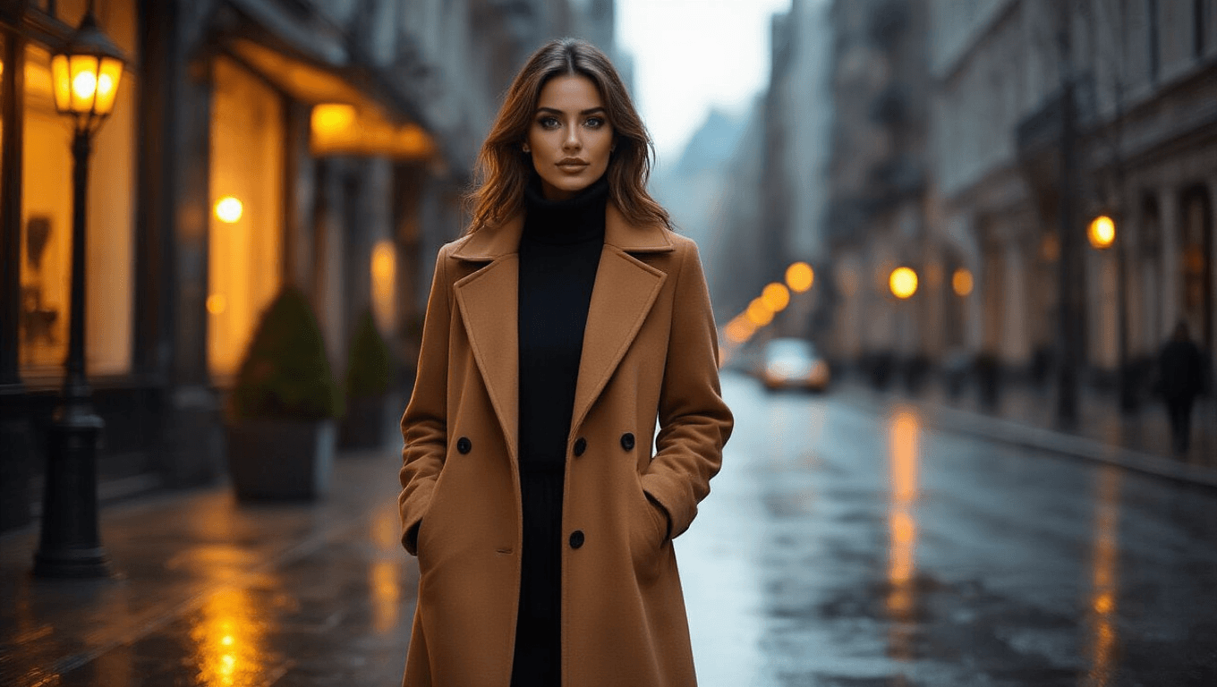 A confident woman in a luxurious camel wool coat and black turtleneck stands on wet urban pavement during golden hour, with warm streetlight creating dramatic shadows and reflecting amber light on gleaming asphalt, showcasing elegant winter fashion against an architectural backdrop.