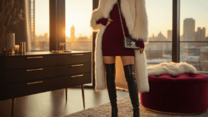 Cinematic winter club outfit featuring a burgundy ribbed mini dress, black thigh-high leather boots, and a cream faux fur coat, styled on a modern dresser in a chic urban loft with warm golden hour light, gold statement earrings, and a rhinestone crossbody bag, surrounded by rich textures and a cozy atmosphere.
