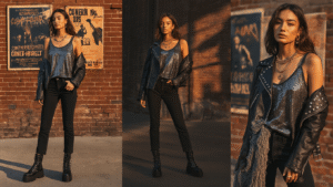 Cinematic street style portrait featuring a winter concert outfit with black skinny jeans, a sequin gunmetal tank top, and a studded leather moto jacket, complemented by chunky platform combat boots and layered gold jewelry. The warm golden hour light enhances rich textures against an urban brick backdrop adorned with vintage concert posters, with a moody atmosphere and shallow depth of field highlighting textile details and metallic accents.