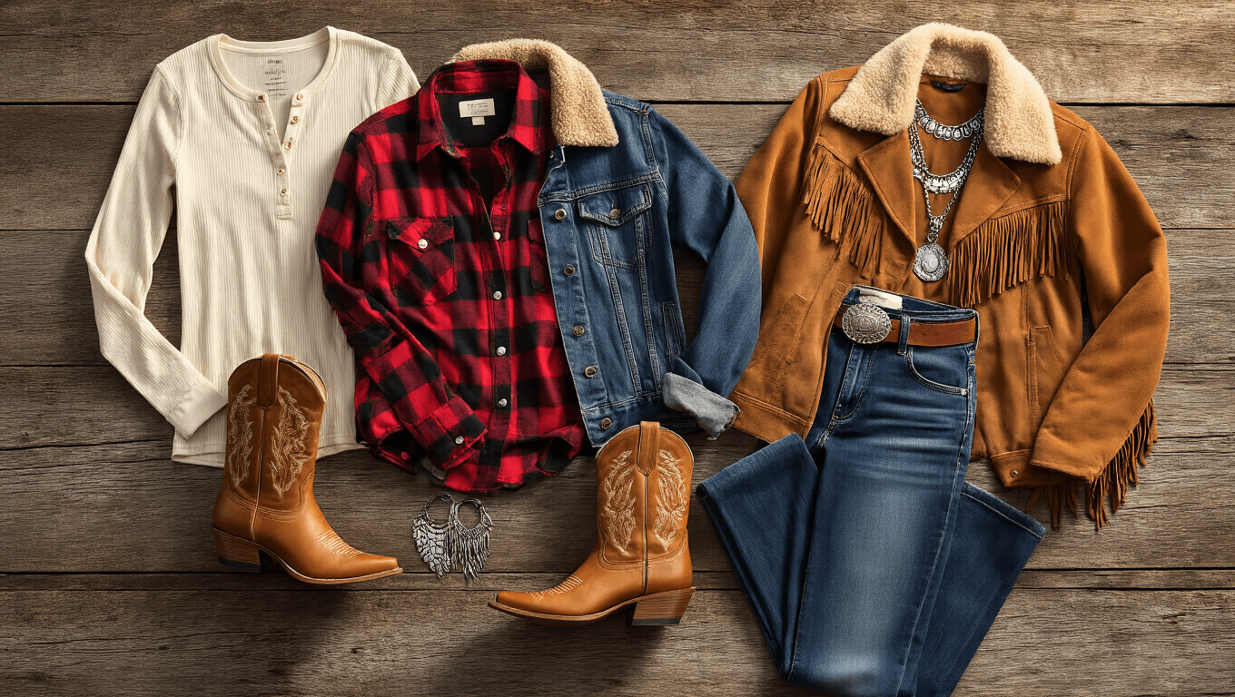 Cinematic flat lay of winter country concert outfit essentials on weathered barn wood, featuring thermal tops, flannel shirt, bootcut jeans, sherpa-lined jacket, cowboy boots, fringe suede jacket, layered necklaces, and a leather belt, with autumn leaves and vintage concert tickets, all illuminated by warm golden hour light.