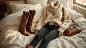 Cinematic flatlay of winter cowboy boot essentials on cream linen bedding, featuring brown leather tall cowboy boots, black skinny jeans, a chunky cream cable-knit sweater, a western belt, a chunky knit scarf, fleece-lined tights, and a leather crossbody bag, illuminated by soft golden hour light.