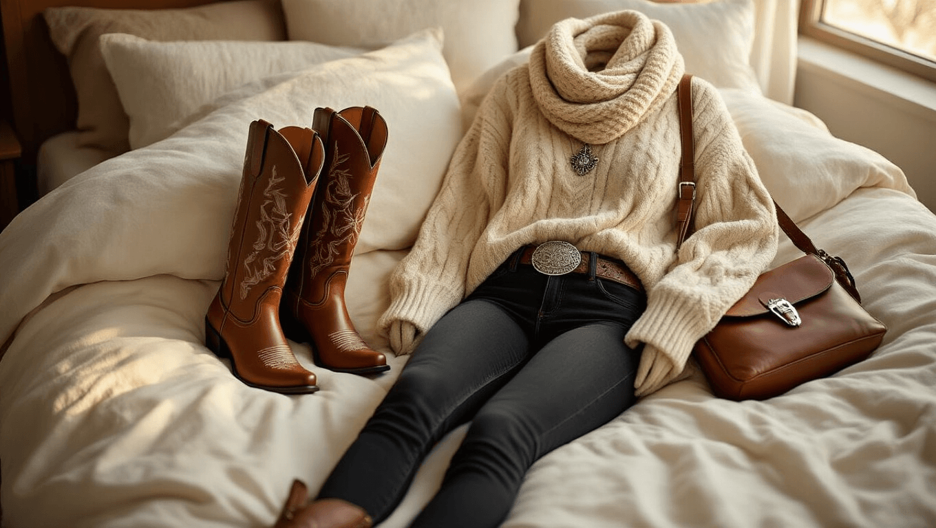 Cinematic flatlay of winter cowboy boot essentials on cream linen bedding, featuring brown leather tall cowboy boots, black skinny jeans, a chunky cream cable-knit sweater, a western belt, a chunky knit scarf, fleece-lined tights, and a leather crossbody bag, illuminated by soft golden hour light.