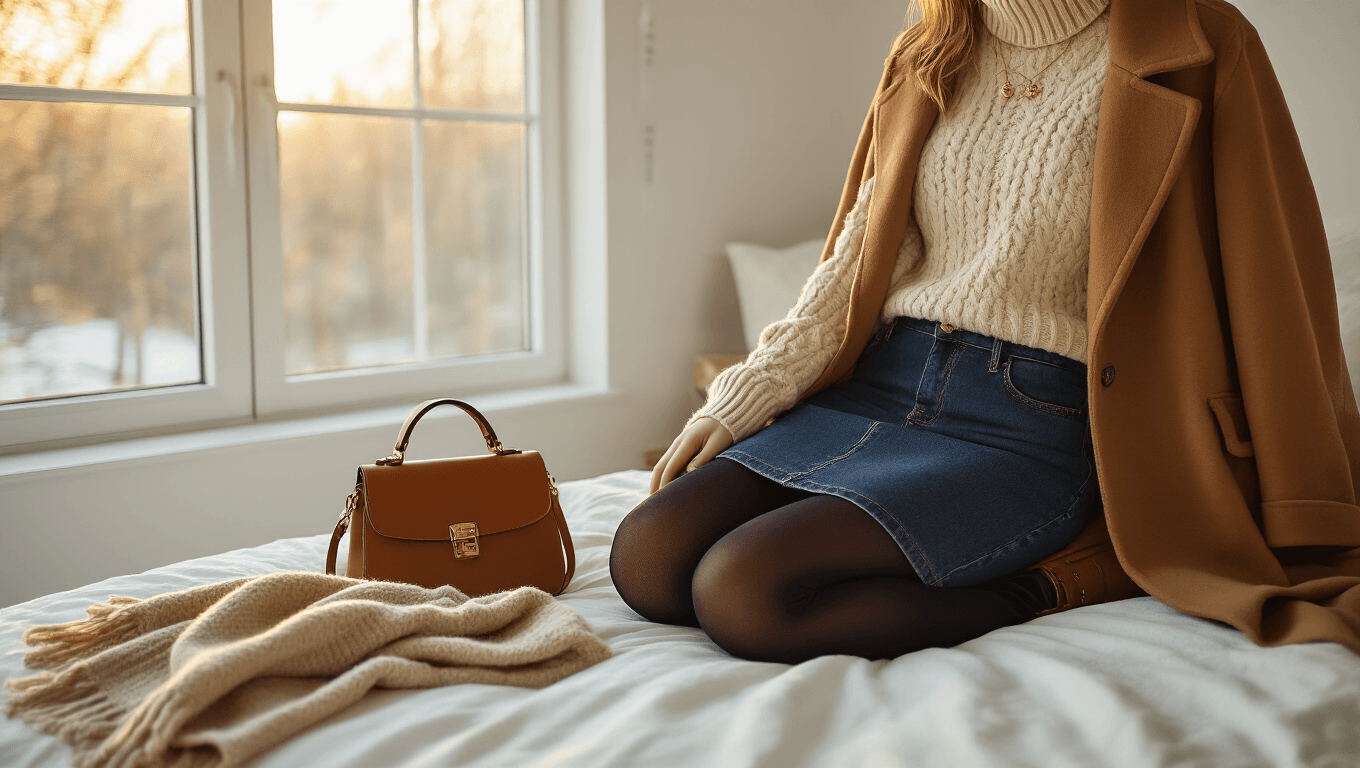Cinematic flat lay of a winter denim skirt outfit in a minimalist bedroom, showcasing a dark wash midi skirt, chunky cream turtleneck, fleece-lined tights, and cognac ankle boots, with soft natural light accentuating rich textures and warm colors.