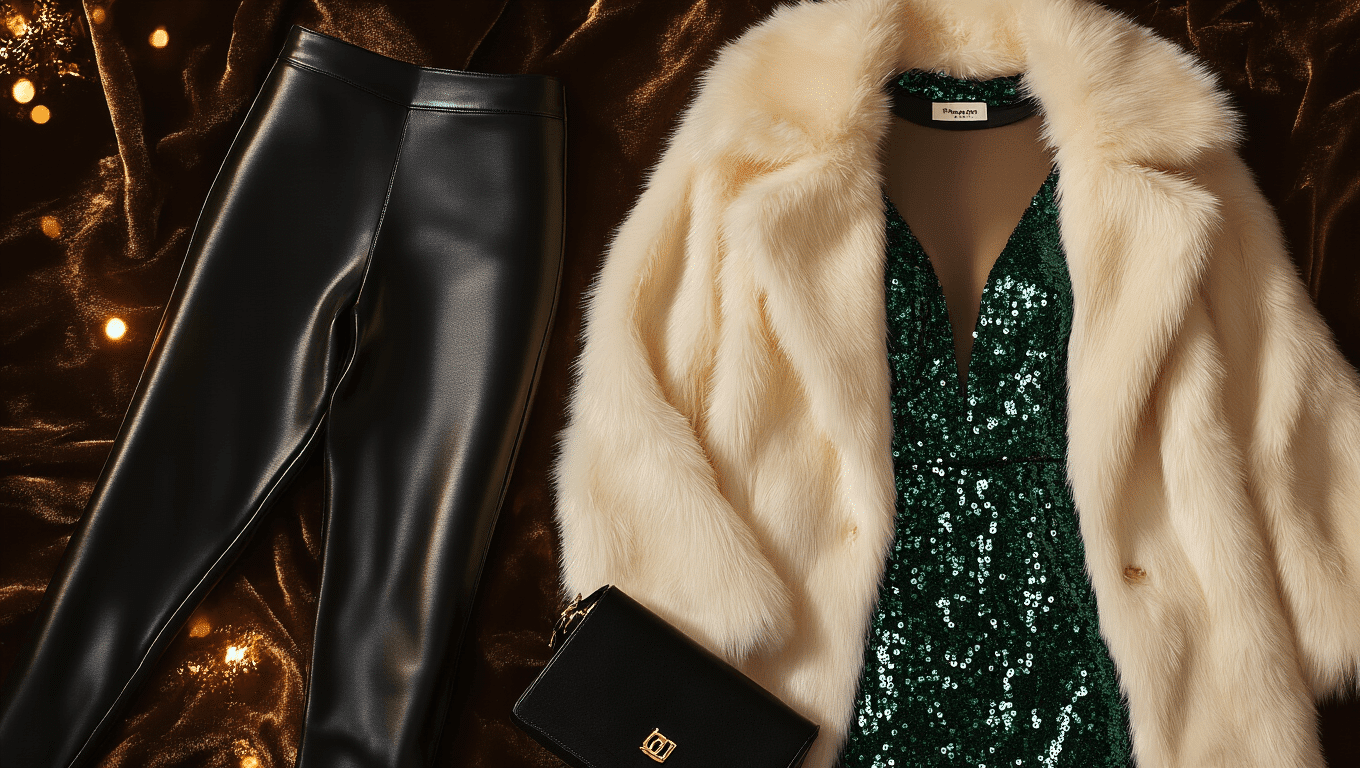 Cinematic flat lay of a sophisticated winter evening outfit on dark velvet, featuring black faux leather leggings, a deep emerald sequin mini dress, a cream faux fur coat, black suede ankle boots, a sheer long-sleeve top, gold statement earrings, and a small structured black crossbody bag, all under dramatic moody lighting with amber highlights and an urban bokeh background.