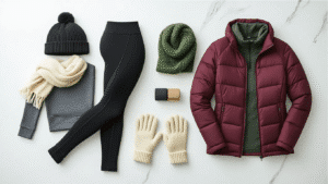 Flat lay of winter gym essentials featuring black thermal leggings, charcoal long-sleeve top, burgundy zip-up jacket, and forest green puffer, with matching accessories including a knit beanie, gloves, and cream scarf on a white marble background.