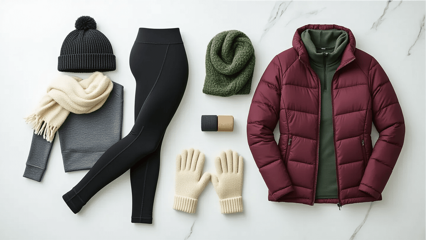 Flat lay of winter gym essentials featuring black thermal leggings, charcoal long-sleeve top, burgundy zip-up jacket, and forest green puffer, with matching accessories including a knit beanie, gloves, and cream scarf on a white marble background.