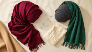 Flat lay of winter hijab styling on cream linen, featuring a burgundy wool hijab, charcoal jersey hijab, emerald pashmina with fringe, and cream knit hijab. Soft golden hour lighting casts gentle shadows, with silver hijab pins and the edge of a camel coat sleeve visible. Cozy and sophisticated aesthetic with jewel tones and earth neutrals.