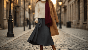 Elegant woman in a flowing charcoal wool maxi skirt and cream chunky turtleneck sweater, accessorized with cognac leather knee-high boots and a burgundy knit scarf, set against an urban cobblestone background with vintage lampposts, captured in warm golden hour lighting with a focus on rich textures and cozy winter styling.