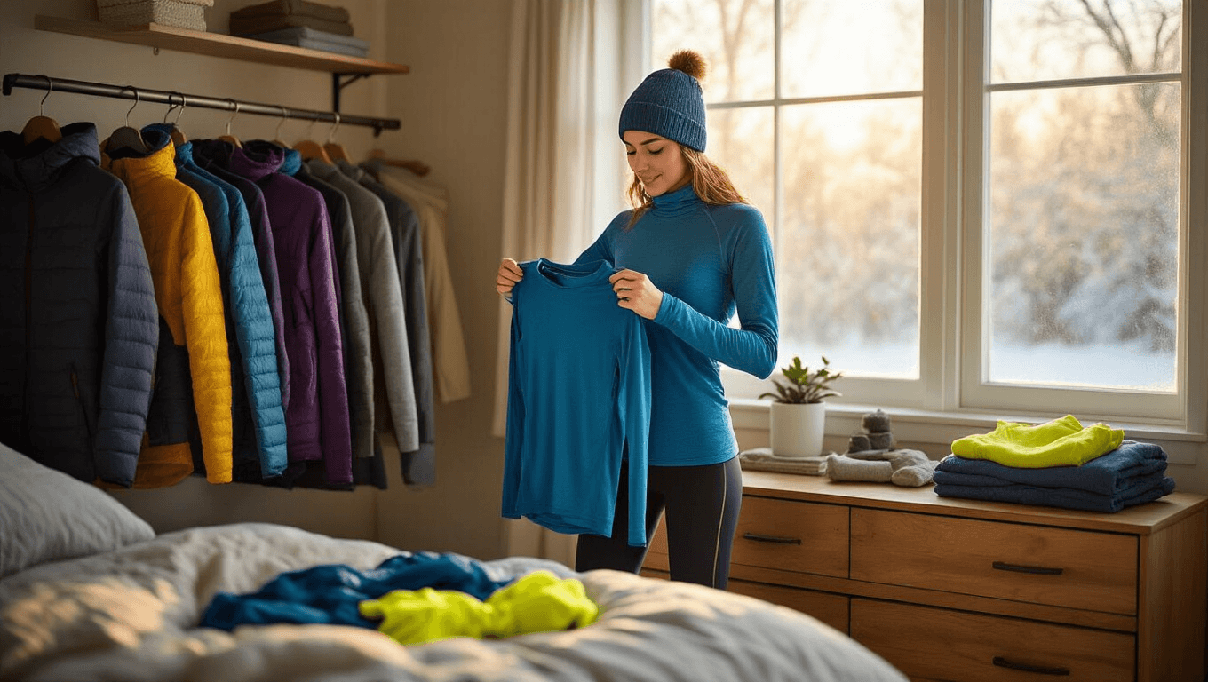 A young woman chooses winter running layers in her cozy, softly lit bedroom, surrounded by organized gear including an electric blue long-sleeve top, neon yellow gloves, and reflective accessories, all highlighted by the golden hour light filtering through frost-covered windows.