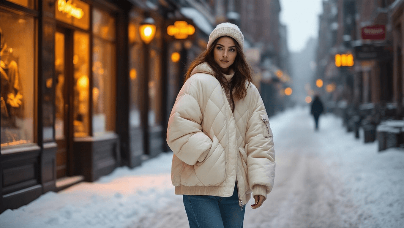 A fashionable woman in an oversized cream bomber jacket strolls down a snow-dusted sidewalk during golden hour, with warm amber lighting from storefronts creating a cozy winter atmosphere; her breath visible in the crisp air against an urban backdrop filled with glowing windows.