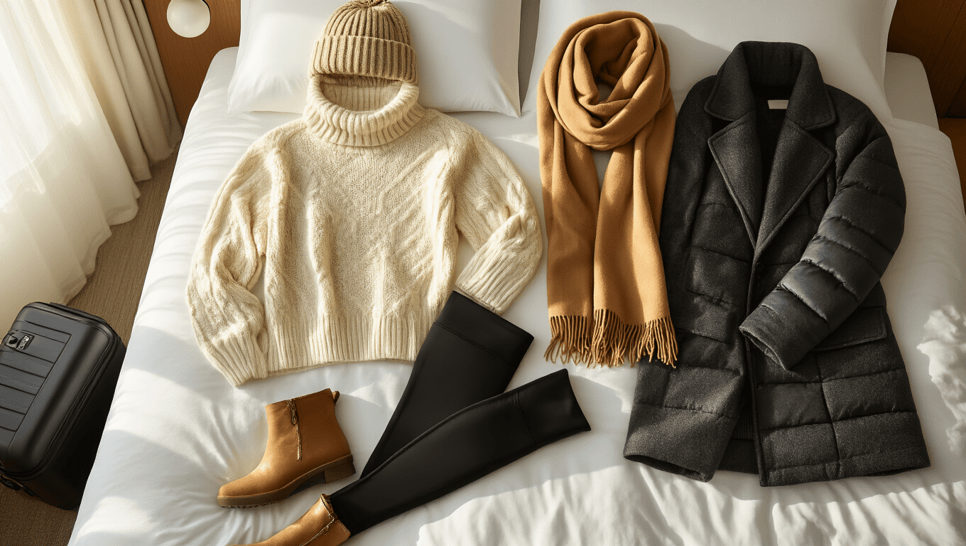 Cinematic overhead view of a winter travel capsule wardrobe arranged on a hotel bed, featuring fleece-lined leggings, cashmere sweater, wool coat, and puffer jacket in warm morning light, complemented by cozy accessories and a minimalist suitcase.