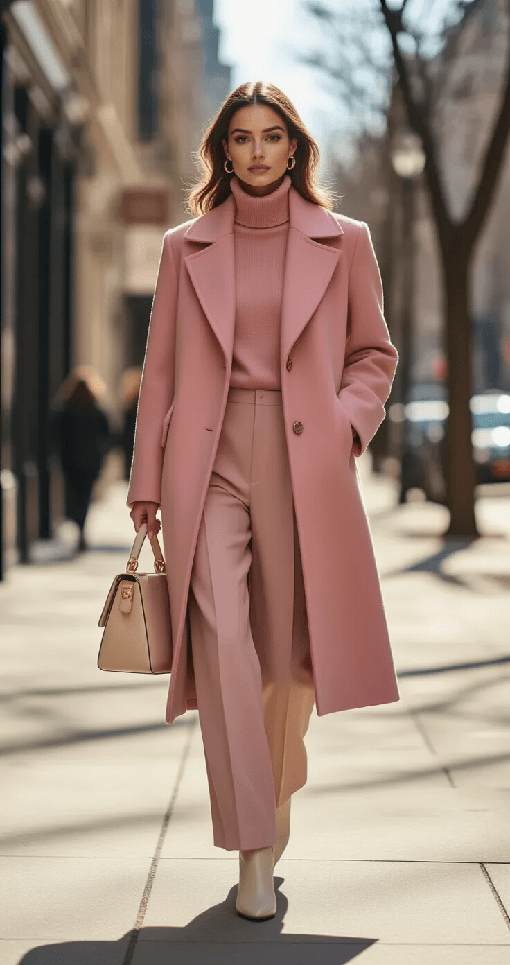 An elegantly dressed woman in a rose pink wool coat and tailored pink trousers walks down a chic city street, with late afternoon light casting shadows on the sidewalk, emphasizing her sophisticated silhouette and luxurious ensemble.