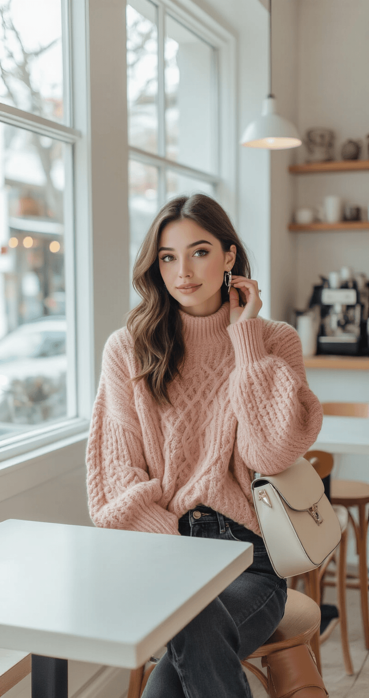 A fashion-forward woman in an oversized blush pink knit sweater and dark wash jeans poses in a bright, minimalist coffee shop, showcasing her chic style with cognac ankle boots and a cream-colored crossbody bag, while adjusting silver hoop earrings in soft natural light.