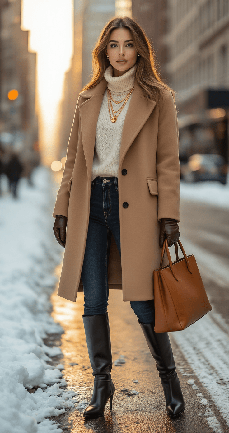 A young woman in a camel wool coat and cream cashmere turtleneck walks confidently on a snowy urban street, wearing dark wash jeans and black leather boots, with a cognac tote bag and gold necklaces, against a blurred city backdrop during golden hour.