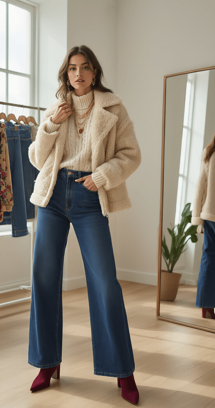 Fashion-forward woman in wide-leg barrel jeans and a chunky cream sweater poses in a minimalist studio, adjusting her layered gold jewelry near a full-length mirror, with soft ambient lighting highlighting various textures.