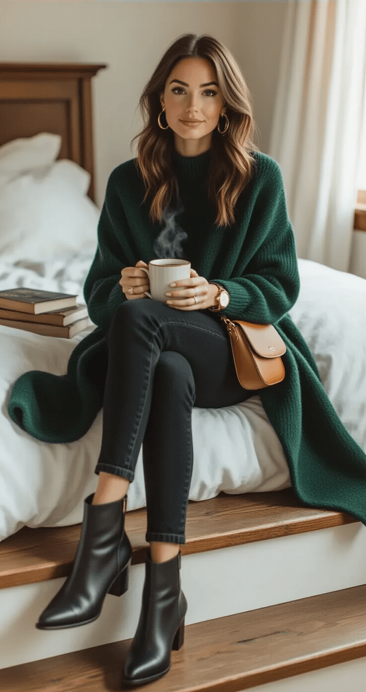 An elegant woman sits on vintage wooden steps in her cozy bedroom, wearing black skinny jeans, a forest green wool sweater, and black leather ankle boots, holding a steaming coffee mug amidst warm morning light.
