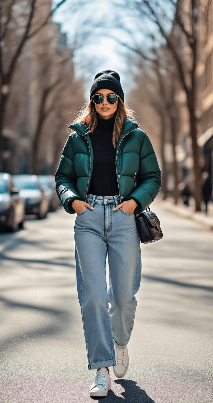 A stylish woman in a cropped emerald green puffer jacket and black turtleneck confidently walks down a tree-lined street on a sunny day, wearing light wash baggy jeans and white leather sneakers, accessorized with a black beanie, oversized sunglasses, and a quilted black leather mini shoulder bag.