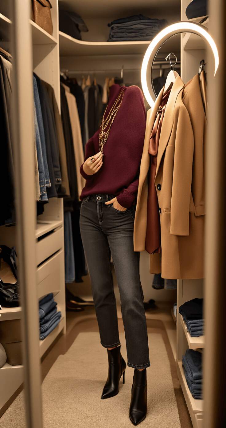 A chic woman in a warm-lit walk-in closet trying on a winter outfit featuring straight-leg charcoal jeans, a burgundy cashmere sweater, a camel blazer, and black heeled ankle boots, while adjusting her look in a large mirror. The organized closet showcases coats, jeans, and neatly arranged shoes, emphasizing textures of the clothing.