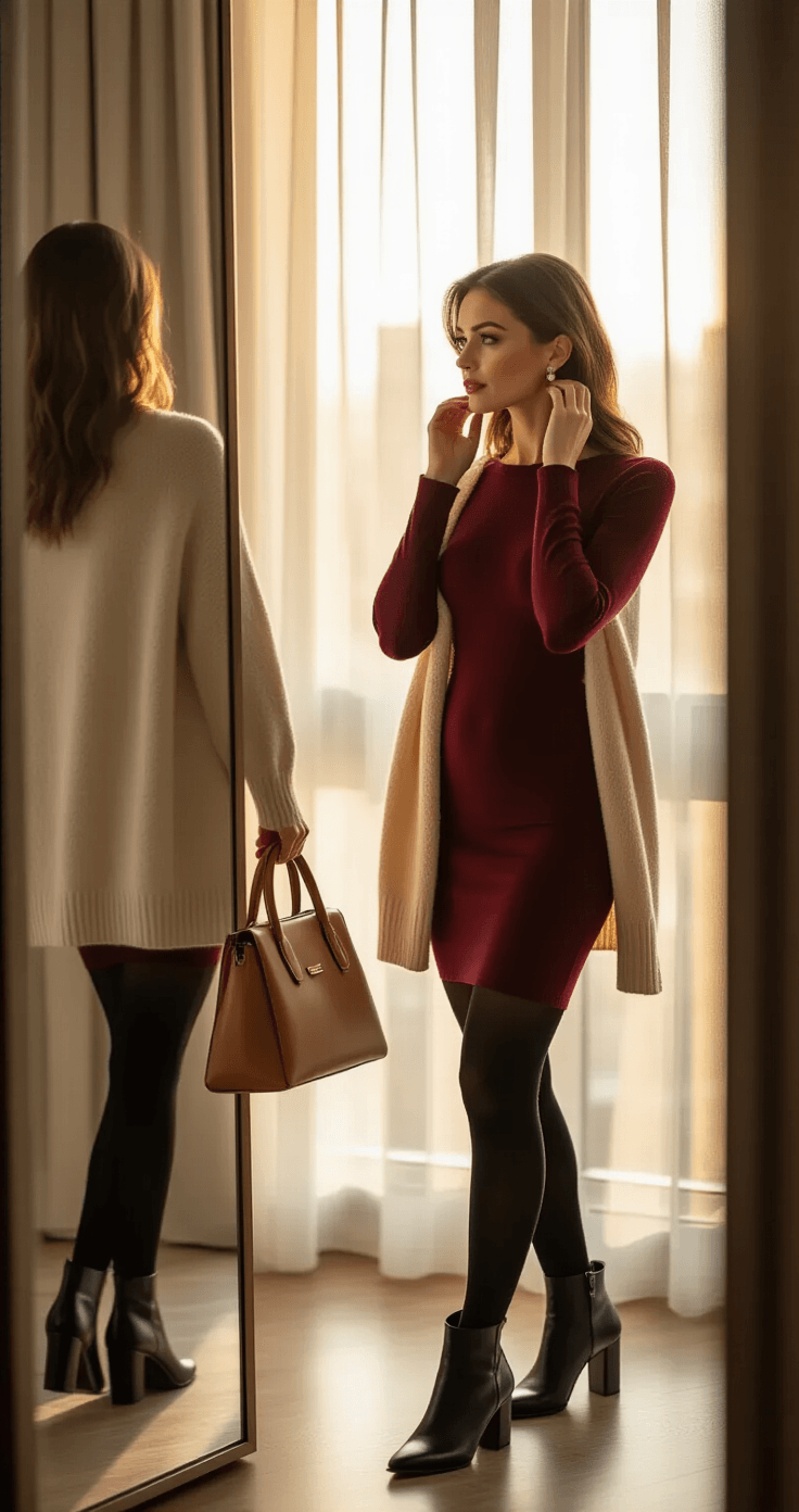 A confident woman in a burgundy fit-and-flare midi dress, black fleece-lined tights, and leather ankle boots stands in an elegant urban apartment, adjusting pearl earrings in front of a full-length mirror. Soft winter sunlight filters through sheer curtains, highlighting the rich textures of her outfit as she drapes a cream cashmere cardigan over her shoulders and holds a camel leather handbag.