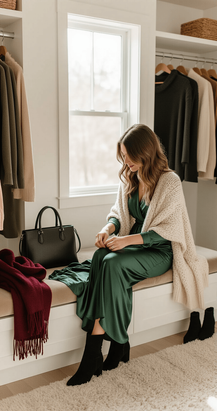 A stylish woman arranges a winter baby shower outfit in a minimalist walk-in closet, featuring a forest green silk wrap dress, a cream chunky knit poncho, charcoal tailored trousers, black suede ankle boots, a burgundy wool scarf, and a structured black handbag, all bathed in warm white lighting and natural light.