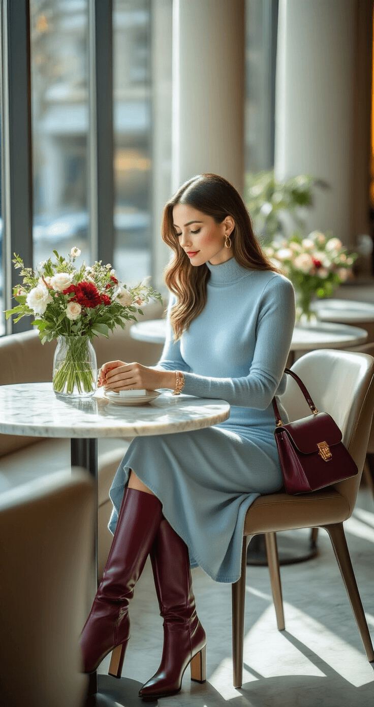 A polished woman in a baby blue midi dress and gray wrap sweater sits at a marble table in a bright restaurant, arranging fresh flowers in a vase as sunlight streams through large windows, highlighting her burgundy leather boots and elegant accessories.