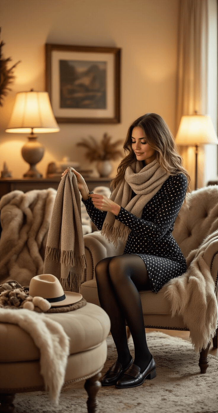 A woman in a polka dot fit-and-flare dress and chunky tights holds various winter accessories, including scarves and a cloche hat, in a warmly lit living room with cozy ambient lighting and textured decor.