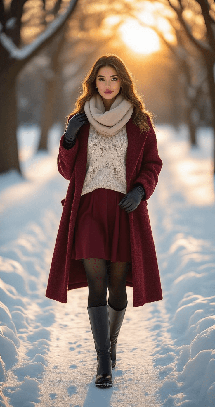 A confident woman in a cream textured knit sweater and rich burgundy midi skirt layers a dramatic wool duster coat while walking along a snowy park path during golden hour, styled with fleece-lined tights, tall black boots, leather gloves, and a large wrap scarf, with warm sunset light highlighting the textures and colors.