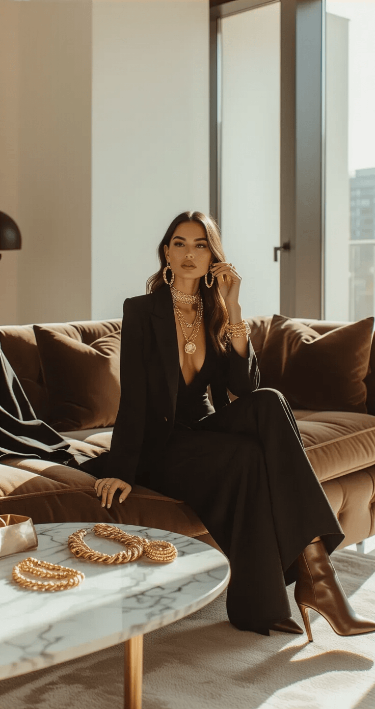 A fashionable woman in a black wide-leg jumpsuit and statement gold jewelry sits cross-legged on a plush velvet sofa in a minimalist living room, styling her accessories in soft afternoon light.