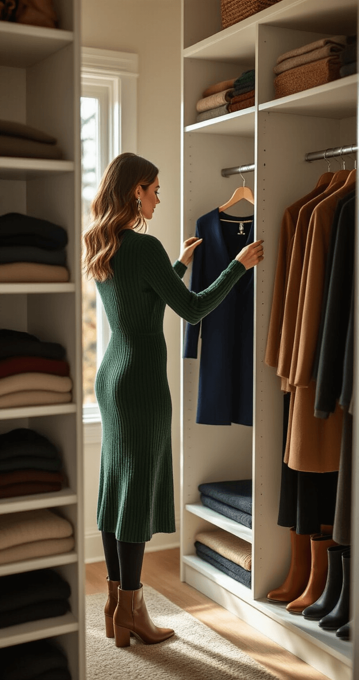A stylish woman stands in a well-organized walk-in closet, illuminated by warm morning light, thoughtfully choosing between a forest green knit midi dress and a navy tuxedo dress, surrounded by an elegant assortment of winter clothing and accessories in rich tones.