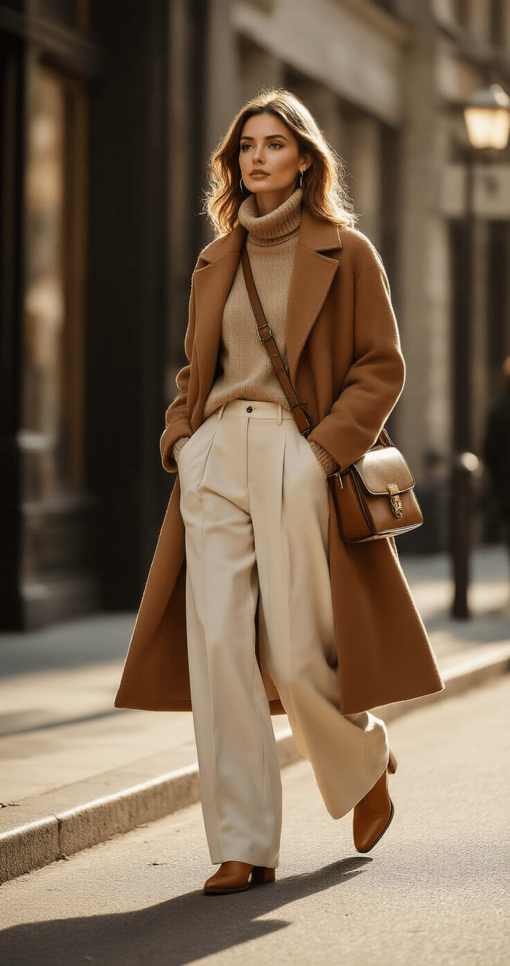 A sophisticated young woman confidently walks down a chic urban street corner in golden hour lighting, dressed in ivory wide-leg wool-blend trousers, a luxurious camel cashmere turtleneck, and a flowing camel wool coat, complemented by chunky tan leather ankle boots and a structured brown crossbody bag, with snow-dusted storefronts and bare tree branches in the background.
