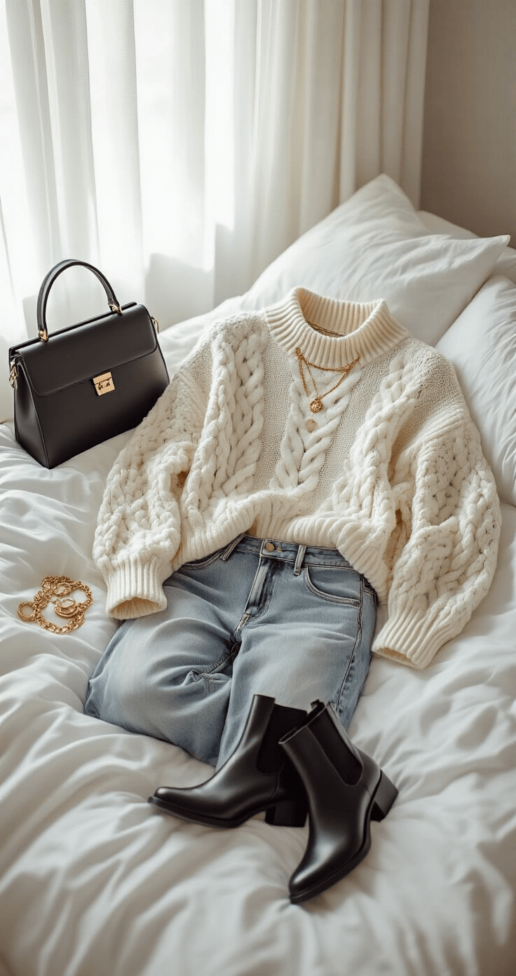 An overhead view of a minimalist bedroom with soft morning light, featuring a winter white outfit on crisp white bedding: heavy straight-leg denim jeans, a chunky cream cable-knit sweater, black leather Chelsea boots, a structured black handbag, delicate gold jewelry, and a heather grey wool scarf, all arranged for a sophisticated winter styling inspiration.