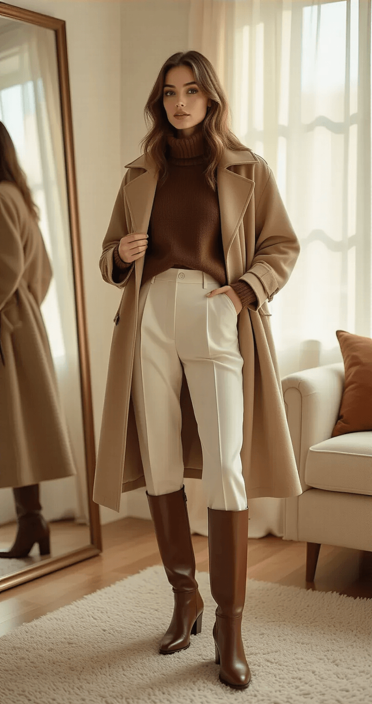 A fashion-forward woman in a cozy living room tries on a sophisticated winter white outfit, featuring ivory wool-blend trousers, a chocolate brown cashmere sweater, and knee-high brown leather boots. She adjusts a tan trench coat while standing before a full-length mirror, surrounded by rich textures and warm neutral tones.