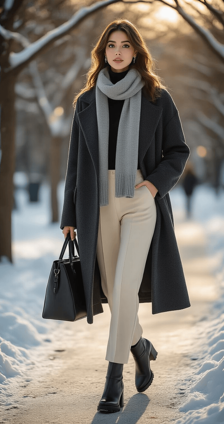 A woman in a stylish winter outfit walks through a city park during golden hour, featuring cream ponte knit pants, a black turtleneck, an oversized charcoal grey wool coat, chunky black ankle boots, and a grey knit scarf, with a structured black leather bag. The scene captures winter textures and a monochromatic color scheme of cream, black, and grey, with natural lighting creating dramatic shadows.