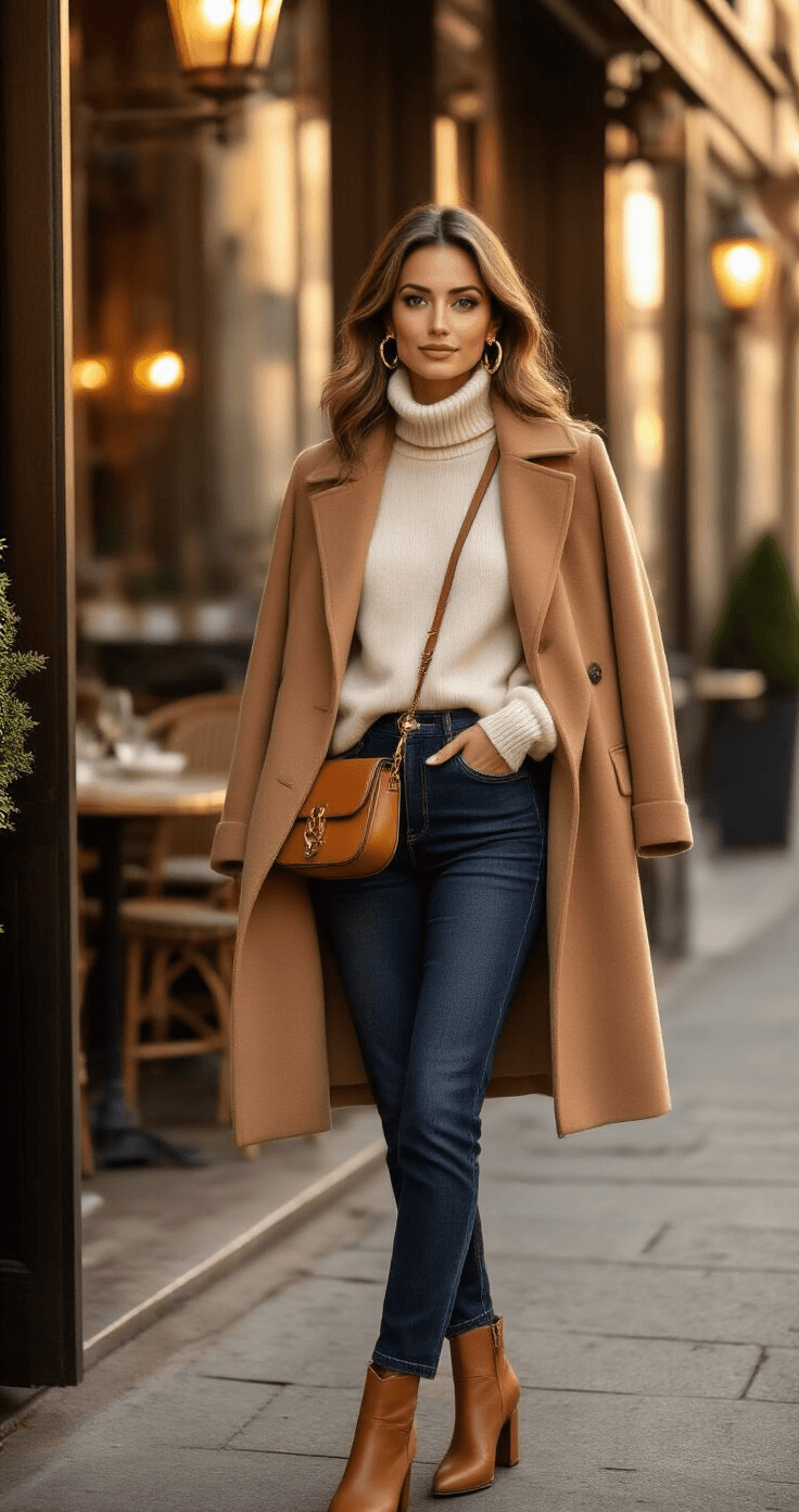 Stylish woman in high-waisted dark denim jeans and a cream cashmere turtleneck sweater, wearing a camel wool coat and tan leather ankle boots, standing outside a chic Italian restaurant during golden hour with warm lighting.