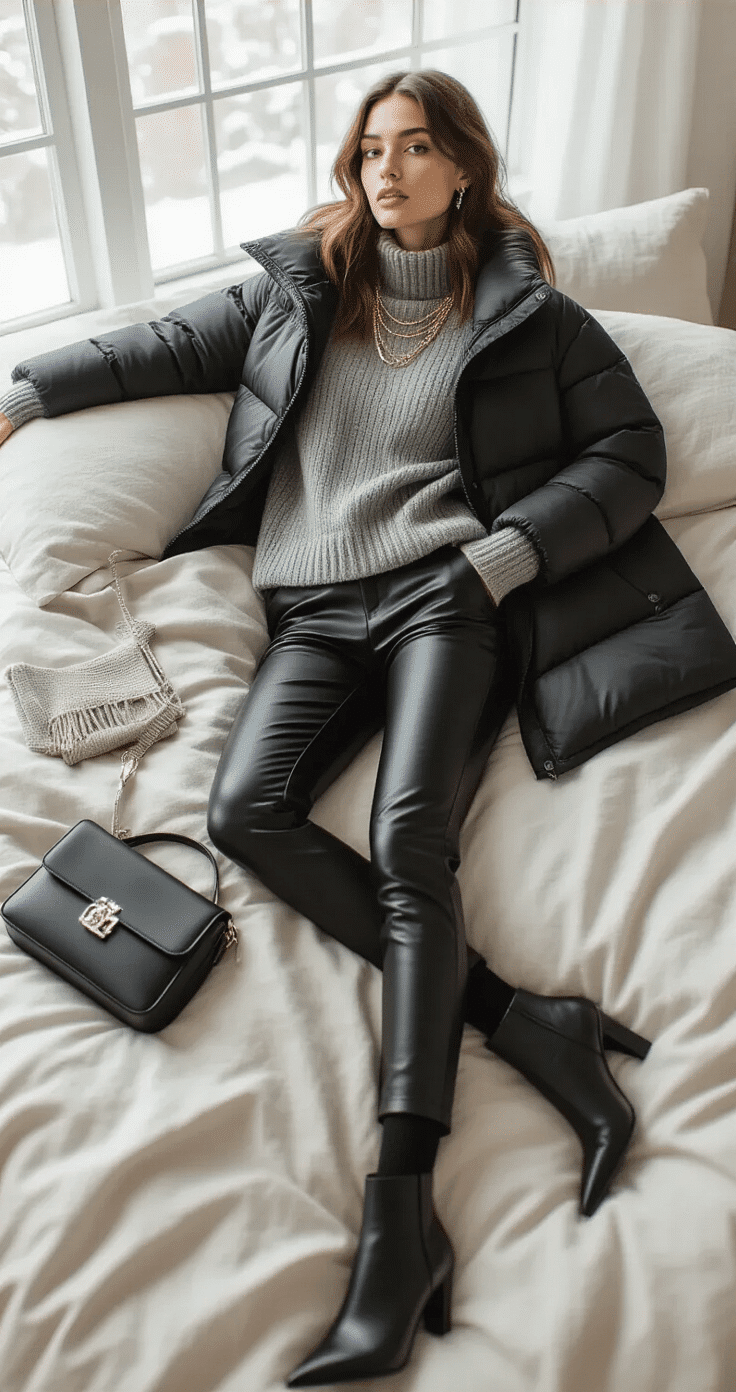 A minimalist bedroom with natural light showcasing a winter dinner outfit laid on a neutral bedspread, including black faux leather trousers, a gray wool sweater, ankle boots, a black puffer coat, and accessories like a silver crossbody bag and gold necklaces, all captured from above at a 45-degree angle.
