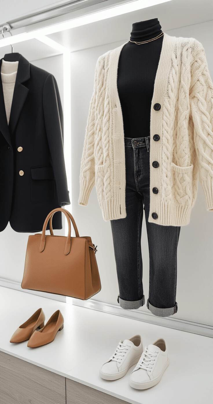 Close-up of a styled winter dinner outfit in a bright walk-in closet, featuring a black bodysuit, cream cable-knit cardigan, dark wash jeans, and white sneakers, complemented by a black wool blazer, gold jewelry, and a tan leather tote, showcasing various textures in a neutral color palette.