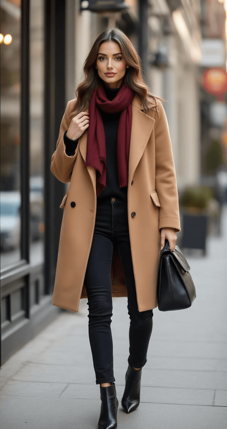 A woman in a stylish winter outfit adjusts her camel-colored coat outside a trendy bistro, surrounded by blurred urban scenery. She wears black jeans, a cashmere sweater, ankle boots, and a burgundy scarf, complemented by a structured black handbag.