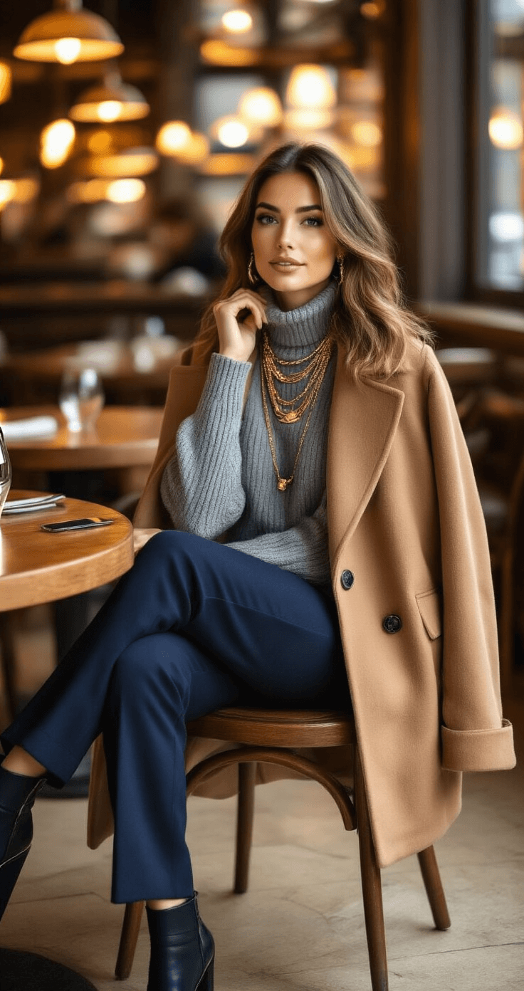 A woman in a winter dinner outfit sits at a wooden table in a warm-lit restaurant, showcasing her navy wool trousers and gray ribbed knit sweater, with a camel coat draped over her chair and a small crossbody bag on the table.