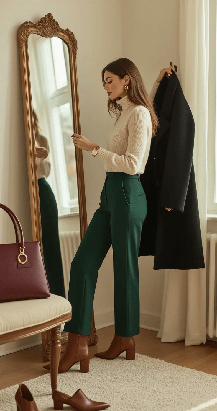 A woman in dark emerald green trousers and a cream turtleneck is getting ready for dinner in a cozy apartment living room, reaching for a black wool coat. Gold hoop earrings, a burgundy leather handbag, and a gold watch are arranged nearby, all illuminated by warm afternoon natural light.